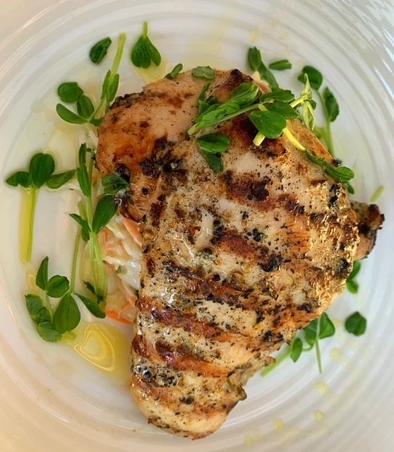 My Grilled Thyme Chicken Served With Coleslaw and Pea Shoots